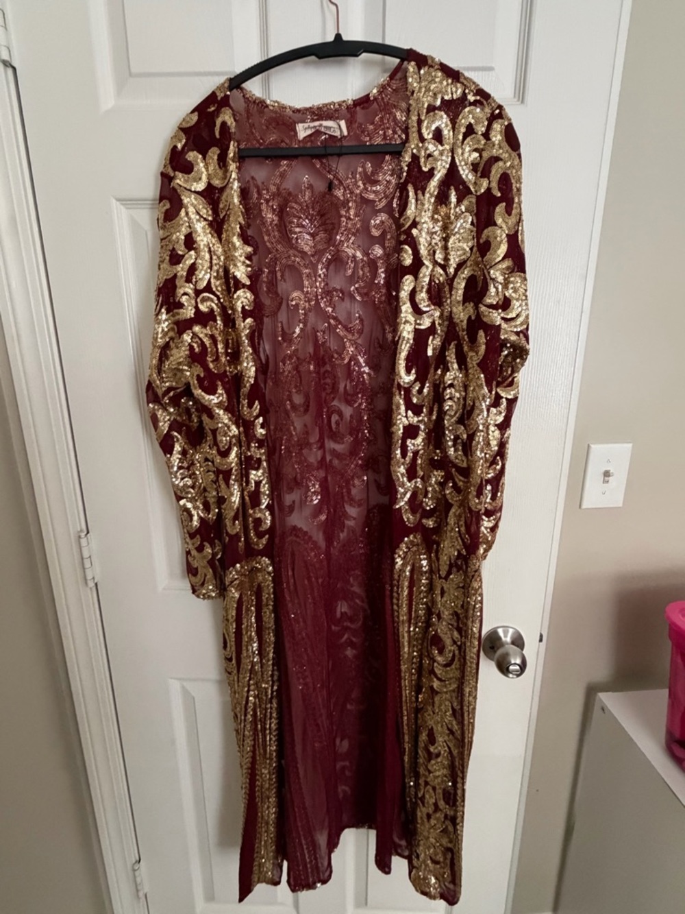 Elegant Burgundy Long Sequin Duster Coat with Gold Embellishment